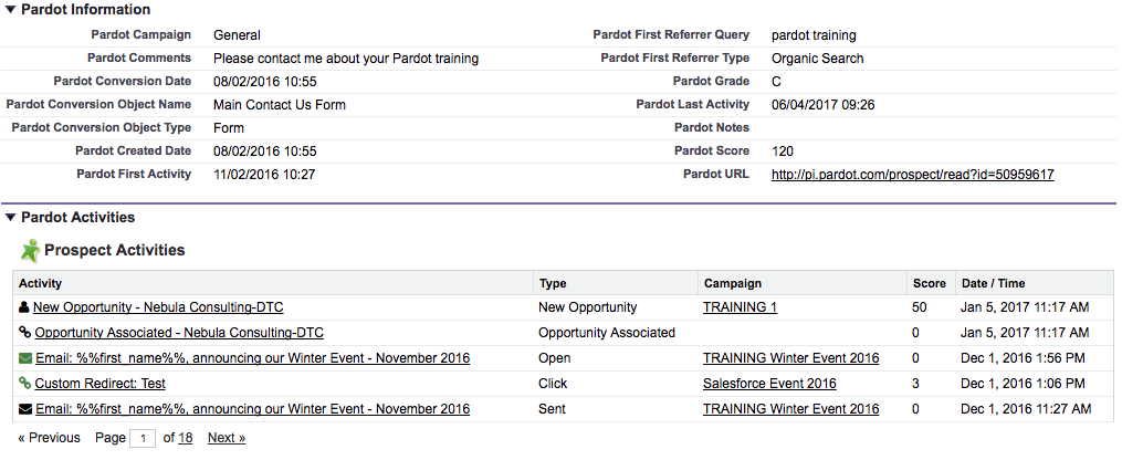 pardot information in salesforce