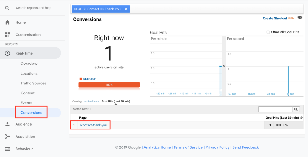 Viewing Real Time Conversions in Google Analytics