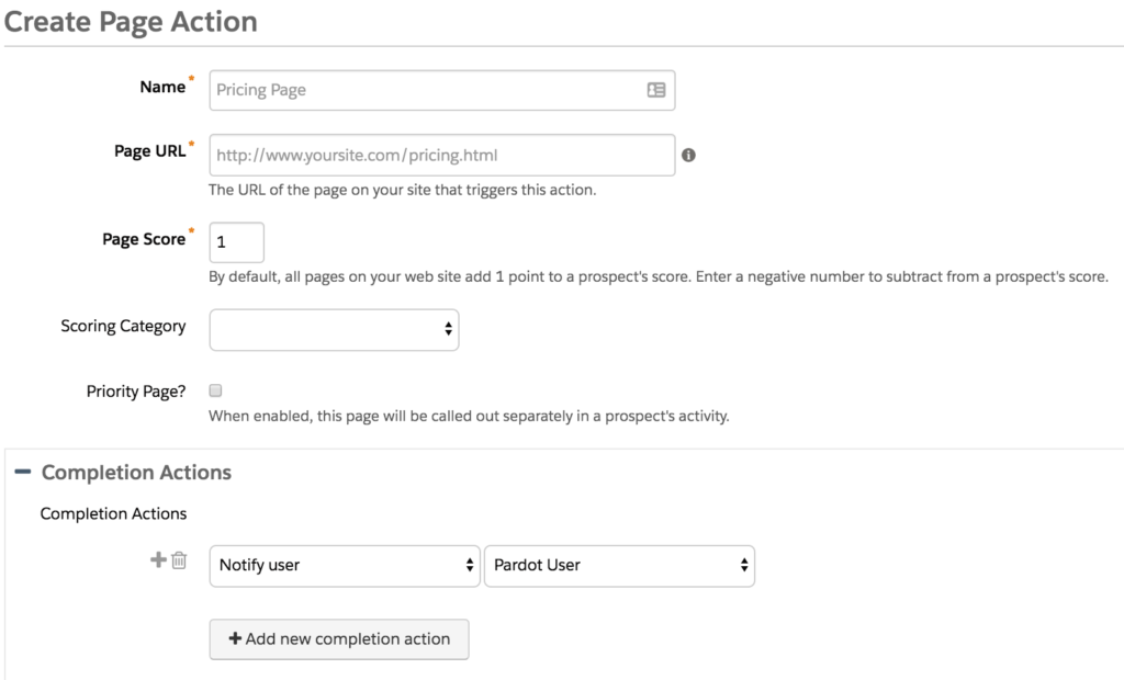 completion action set up pricing page