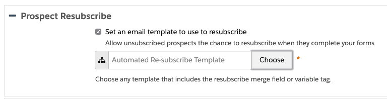 Select a Pardot template for resubscribe emails