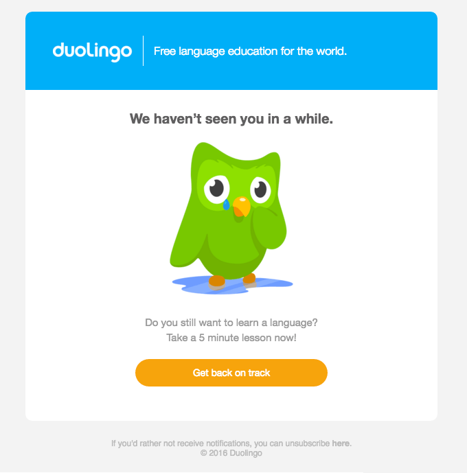 Re-engagement Campaign email from Duolingo. Features the main brand character looking upset and a button saying 'Get back on Track'