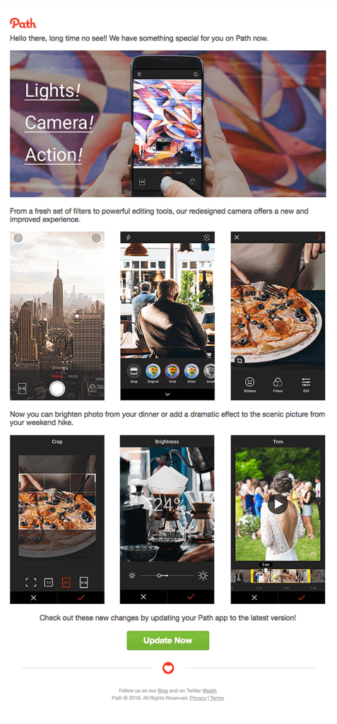 Email from Path to re-engage inactive prospects. Shows a grid of high-quality photos