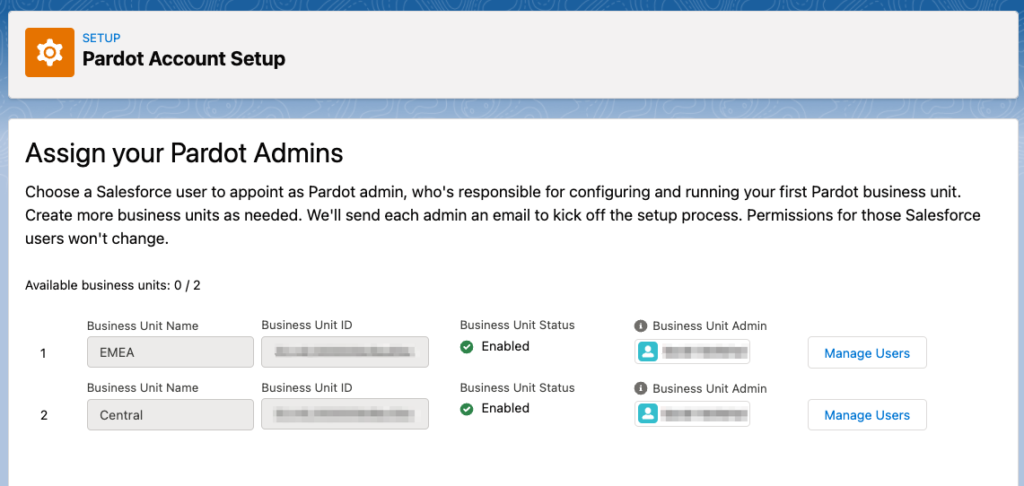 Salesforce Marketing Setup area showing configuration of two Pardot Business Units names Central and EMEA