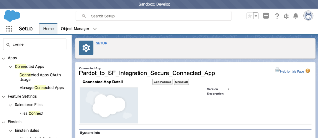 Screenshot of Pardot connected app configuration screen in salesforce