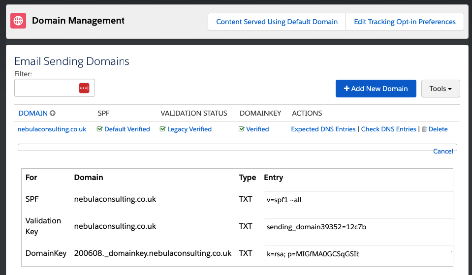 Screenshot of Email Sending Domain validation screen in Account Engagement Pardot, showing expected DNS entries for the email sending domain nebulaconsulting.co.uk