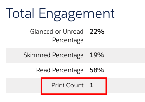 Screenshot showing advanced Account Engagement email analytics, including the Print Count metric