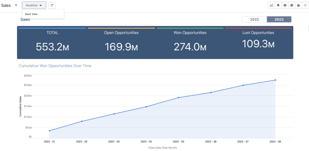 The image shows how to save a view on CRM analytics dashboard