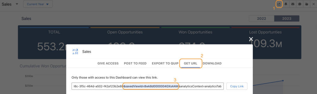 Image shows how to share a dashboard view in CRM Analytics