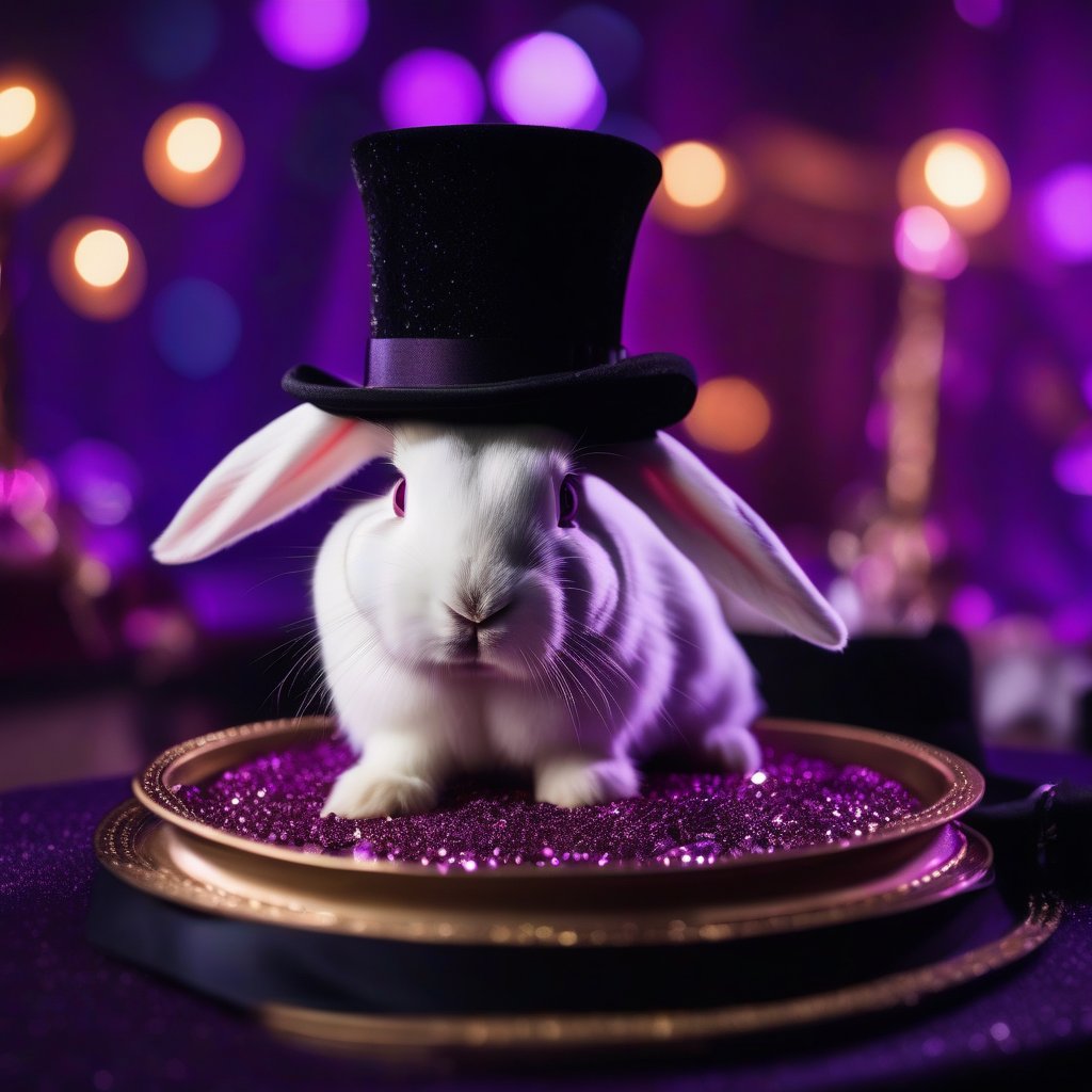 White bunny in a black magician's hat, against a purple background with fairy lights