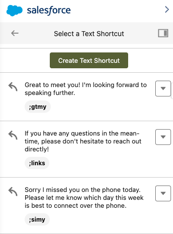 Text Shortcut Screen