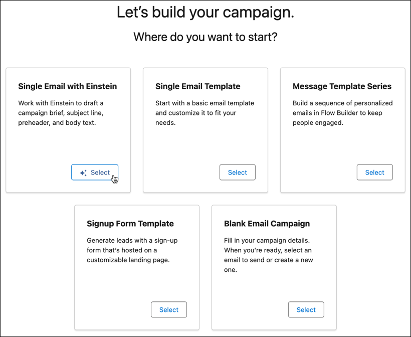 Screenshot of the pre-built Campaign template wizard in Marketing Cloud Growth edition powered by Einstein AI