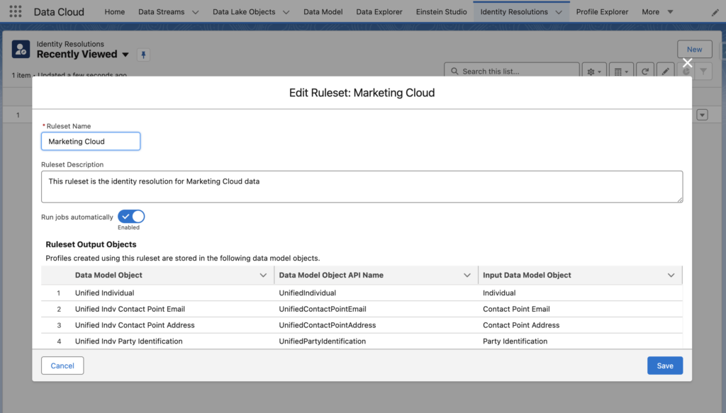 Screenshot of the Data Cloud app, adding Identity Resolution for Marketing Cloud