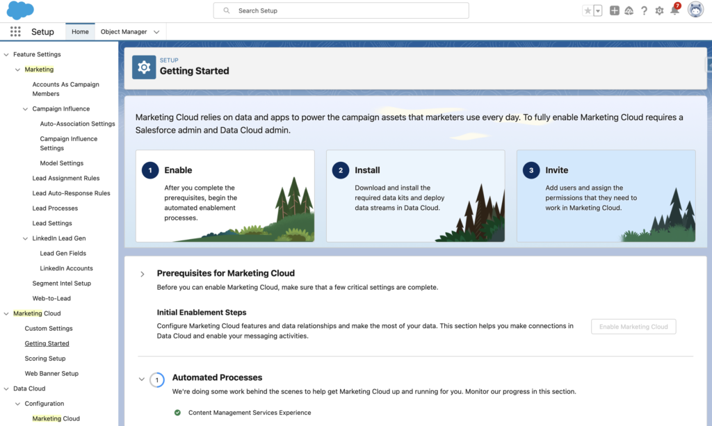 Screenshot of the Marketing Cloud Growth setup area in Salesforce