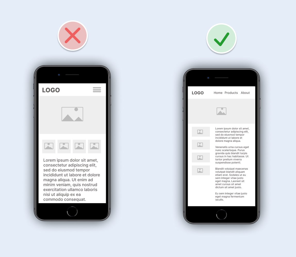 Website mockup on a phone with and without mobile design in mind