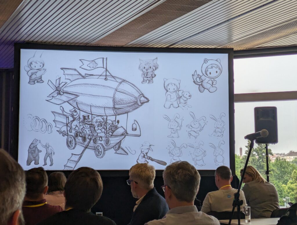 Sketch drawings of Salesforce characters on a presentation screen at a conference