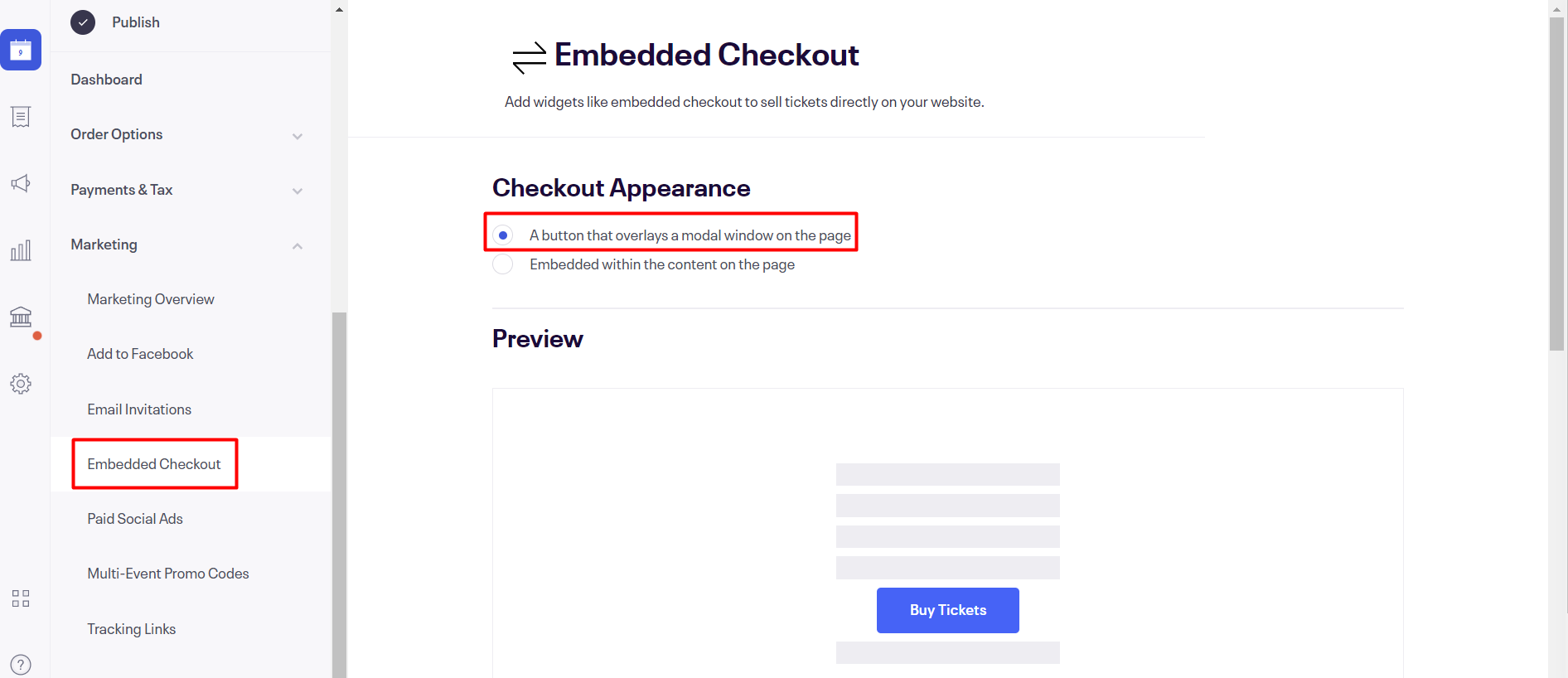 Selecting the checkout appearance in the Eventbrite embedded checkout