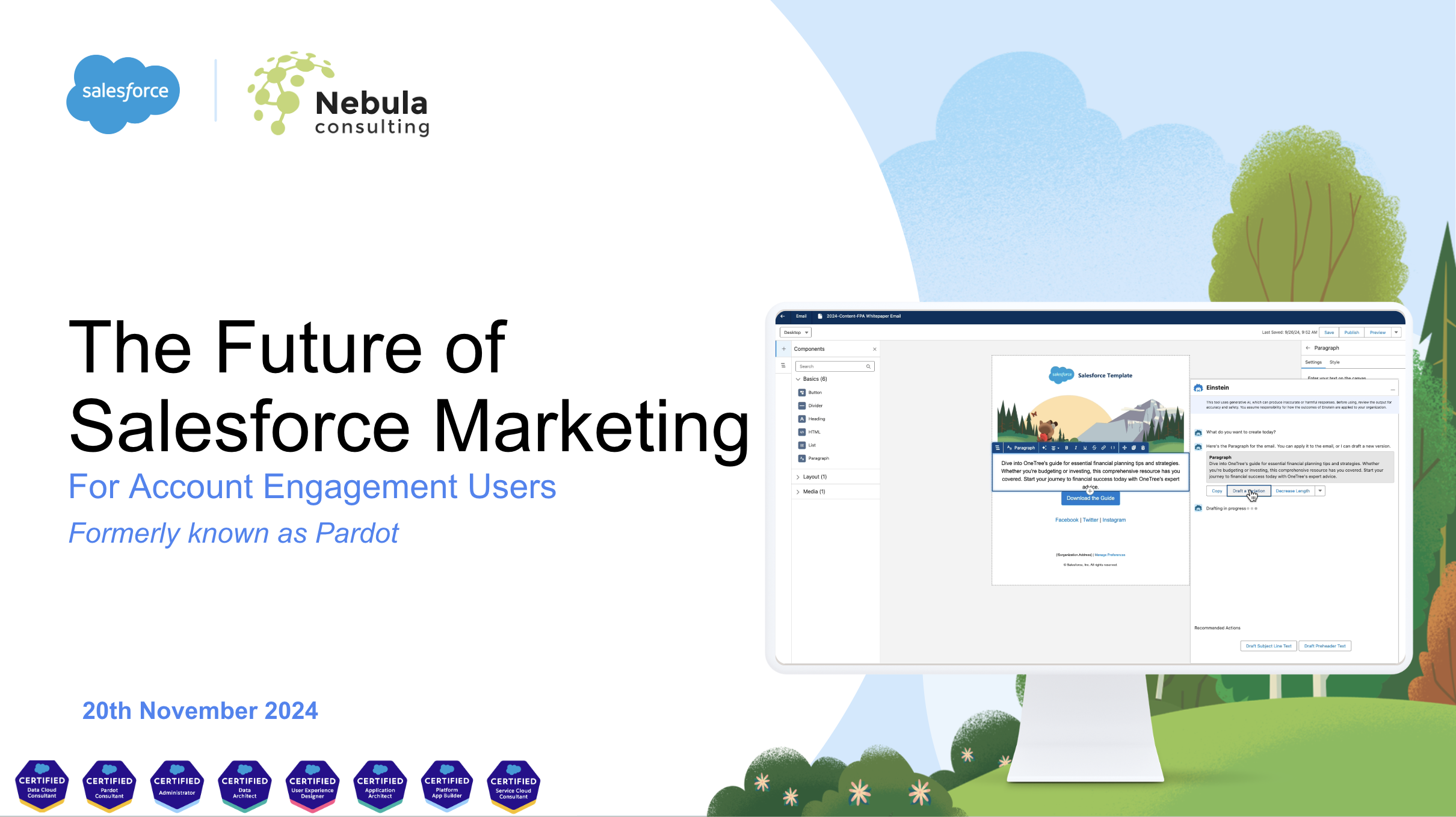 Title slide featuring the Salesforce and Nebula logos, plus the title "The Future of Salesforce Marketing for Account Engagement Users"