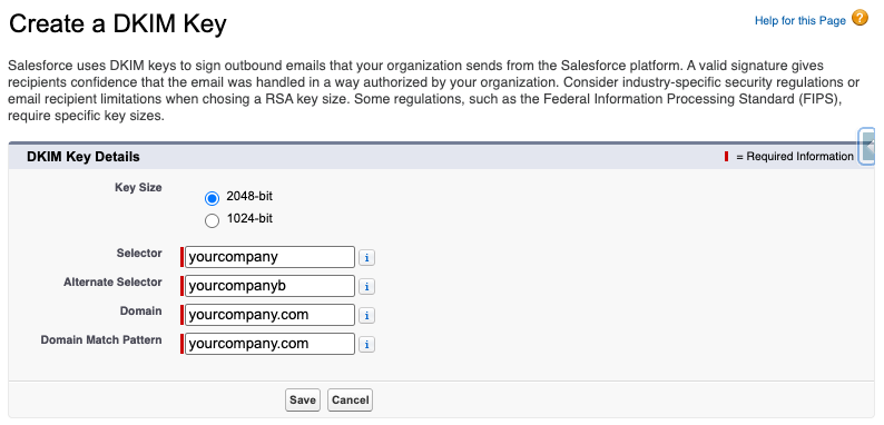 Screenshot of DKIM Key screen in Salesforce